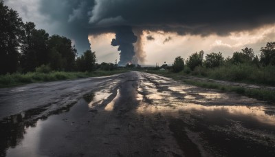 outdoors,sky,day,cloud,water,tree,no humans,shadow,sunlight,cloudy sky,grass,nature,scenery,forest,reflection,sunset,road,bush,river,landscape,fire,building,smoke,puddle