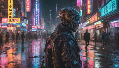 jacket, outdoors, solo focus, from side, night, helmet, building, scenery, reflection, science fiction, rain, city, sign, road, multiple others, street, crowd, cyberpunk, neon lights