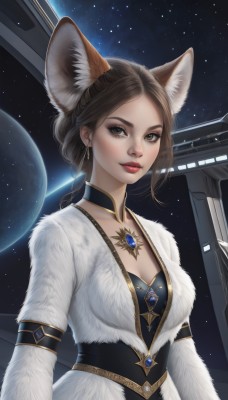 1girl,solo,breasts,looking at viewer,smile,brown hair,long sleeves,dress,animal ears,cleavage,brown eyes,jewelry,medium breasts,closed mouth,upper body,earrings,choker,necklace,white dress,lips,coat,animal ear fluff,fur trim,fox ears,makeup,lipstick,brooch,gem,star (sky),eyeshadow,freckles,red lips,space,planet,earth (planet),long hair,bangs,parted bangs,forehead,realistic,nose,fur