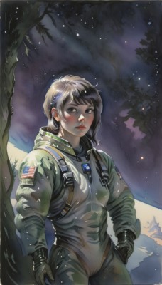 1girl,solo,breasts,looking at viewer,short hair,bangs,brown hair,black hair,gloves,brown eyes,standing,cowboy shot,outdoors,sky,black gloves,hood,uniform,black eyes,tree,lips,hand on hip,military,bodysuit,military uniform,star (sky),starry sky,science fiction,realistic,nose,pilot suit,space,american flag,helmet removed,spacesuit,japanese flag,astronaut,blush,small breasts,wet,wet clothes,nature