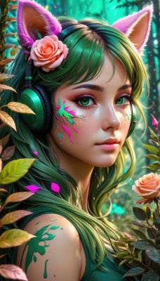 1girl,solo,long hair,breasts,looking at viewer,bangs,hair ornament,animal ears,bare shoulders,closed mouth,green eyes,upper body,flower,outdoors,green hair,sleeveless,artist name,cat ears,hair flower,blurry,from side,lips,eyelashes,tattoo,makeup,depth of field,blurry background,fake animal ears,rose,headphones,leaf,watermark,facial mark,plant,lipstick,portrait,nature,pink flower,eyeshadow,freckles,pink lips,nose,green shirt,eyeliner,whisker markings,facepaint,pink rose,mascara,animal ear headphones,cat ear headphones,shirt,signature,petals,fox ears,sleeveless shirt,web address,forest,dirty