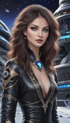 1girl,solo,long hair,breasts,looking at viewer,brown hair,long sleeves,cleavage,brown eyes,jewelry,medium breasts,upper body,earrings,sky,star (symbol),lips,bodysuit,makeup,night,wavy hair,lipstick,gem,star (sky),starry sky,science fiction,realistic,nose,red lips,space,outdoors,artist name,signature,necklace,moon,skin tight,center opening,black bodysuit