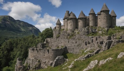 outdoors,sky,day,cloud,tree,blue sky,no humans,cloudy sky,grass,building,nature,scenery,rock,mountain,ruins,castle,landscape,cliff,fantasy,path,stone