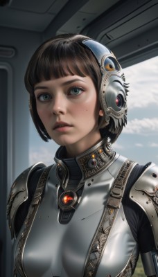 1girl,solo,breasts,looking at viewer,short hair,bangs,brown hair,black hair,medium breasts,green eyes,upper body,parted lips,sky,day,cloud,blunt bangs,armor,mole,lips,mole under eye,bodysuit,headgear,bob cut,skin tight,freckles,science fiction,realistic,nose,cyborg,blue eyes,teeth,eyelashes