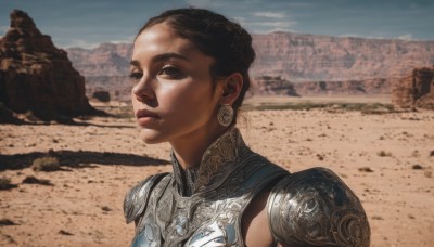 1girl,solo,short hair,brown hair,black hair,brown eyes,jewelry,upper body,earrings,outdoors,sky,day,dark skin,armor,black eyes,dark-skinned female,blue sky,lips,shoulder armor,portrait,pauldrons,breastplate,realistic,sand,very dark skin,desert,nose,gorget