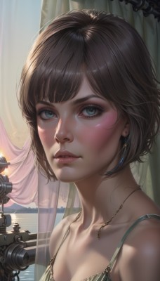 1girl,solo,breasts,looking at viewer,blush,short hair,bangs,blue eyes,brown hair,cleavage,bare shoulders,jewelry,underwear,collarbone,upper body,earrings,small breasts,parted lips,shiny,artist name,necklace,bra,lips,eyelashes,window,ocean,sunlight,curtains,portrait,freckles,realistic,nose,camera,mascara,black hair,medium breasts,sky,indoors,makeup