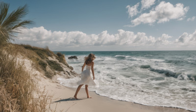 1girl, solo, long hair, brown hair, dress, outdoors, sky, barefoot, day, cloud, water, from behind, white dress, blue sky, ocean, beach, scenery, sand, horizon, wide shot, waves