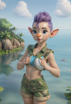 1girl,solo,breasts,looking at viewer,smile,short hair,blue eyes,navel,holding,animal ears,jewelry,standing,purple hair,cowboy shot,earrings,small breasts,outdoors,parted lips,sky,shorts,sleeveless,day,pointy ears,midriff,artist name,cloud,water,vest,tree,blue sky,lips,crop top,ocean,wading,freckles,rock,camouflage,green shorts,open vest,cropped vest,blush,shirt,bare shoulders,collarbone,teeth,necklace,stomach,bare arms,short shorts,piercing,plant,ear piercing,zipper,nose,palm tree,unzipped,watercraft,lake,mohawk,cliff