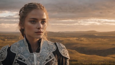 1girl,solo,long hair,blue eyes,blonde hair,brown hair,jewelry,upper body,braid,earrings,outdoors,sky,cloud,armor,mole,lips,looking to the side,grey eyes,looking away,cloudy sky,portrait,scenery,freckles,mountain,realistic,looking afar,mountainous horizon,brown eyes,sunlight,sunset,landscape