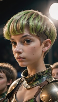 1girl,looking at viewer,short hair,bangs,blonde hair,brown eyes,green eyes,upper body,multicolored hair,parted lips,green hair,solo focus,armor,mole,blurry,two-tone hair,lips,eyelashes,mole under eye,depth of field,blurry background,shoulder armor,portrait,freckles,pauldrons,realistic,nose,very short hair,gorget,mole on cheek,brown hair,multiple boys,artist name,shoulder pads