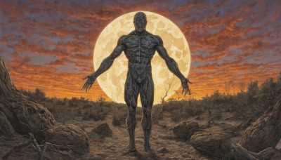 solo,1boy,standing,full body,male focus,nude,outdoors,sky,cloud,tree,muscular,colored skin,abs,moon,cloudy sky,outstretched arms,muscular male,nature,scenery,full moon,forest,veins,sunset,monster,rock,bald,alien,black skin,orange sky,red sky,looking at viewer,completely nude,no humans