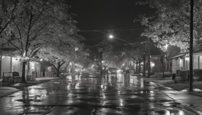 monochrome,greyscale,outdoors,sky,water,tree,no humans,night,chair,ground vehicle,building,night sky,scenery,reflection,road,bench,power lines,lamppost,street,bicycle,utility pole,window,plant,motor vehicle,rain,sign,dark,vending machine,bus stop