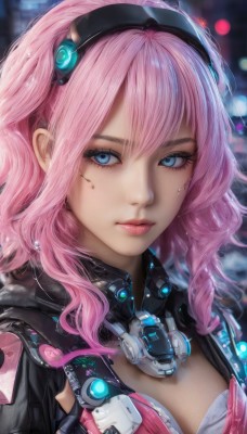 1girl,solo,long hair,breasts,looking at viewer,bangs,blue eyes,gloves,cleavage,closed mouth,upper body,pink hair,hairband,artist name,fingerless gloves,medium hair,blurry,lips,depth of field,blurry background,wavy hair,portrait,science fiction,realistic,nose,cyberpunk,hair between eyes,jacket,sidelocks,eyelashes,makeup,headgear,expressionless,close-up,bokeh