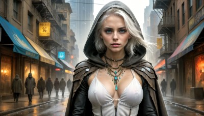 HQ,1girl,breasts,looking at viewer,short hair,blue eyes,large breasts,dress,cleavage,jewelry,medium breasts,upper body,white hair,outdoors,parted lips,multiple boys,solo focus,hood,necklace,cape,covered nipples,lips,fire,building,cloak,pendant,hood up,6+boys,city,realistic,nose,road,hooded cloak,street,signature,white dress,mole,makeup,lipstick,wind,scenery,breasts apart,walking,science fiction,rain,sign,fantasy,cityscape,skyscraper,crowd