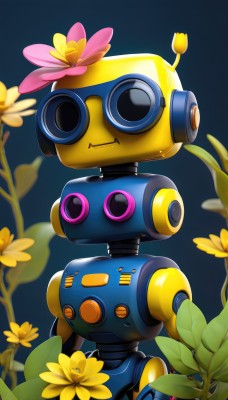 solo,looking at viewer,upper body,flower,blurry,no humans,leaf,blue background,plant,robot,mecha,pink flower,yellow flower,humanoid robot,non-humanoid robot,hair ornament,fang,hair flower