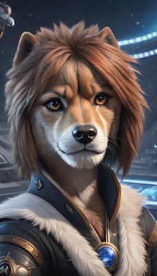 1girl,solo,looking at viewer,short hair,brown hair,1boy,animal ears,brown eyes,jewelry,upper body,male focus,artist name,signature,fur trim,animal,brooch,gem,portrait,furry,fur collar,realistic,furry female,furry male,fur,animal nose,whiskers,snout,closed mouth,jacket,necklace