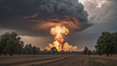 outdoors,sky,day,cloud,tree,no humans,cloudy sky,grass,fire,nature,scenery,forest,smoke,road,bush,explosion,path