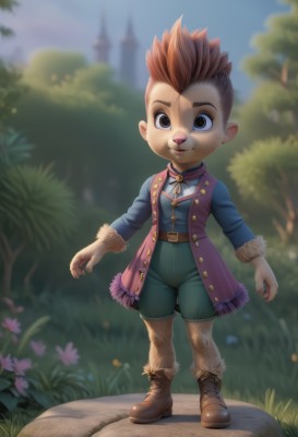 solo,looking at viewer,smile,short hair,brown hair,shirt,long sleeves,1boy,animal ears,brown eyes,standing,jacket,full body,flower,male focus,red hair,boots,outdoors,shorts,day,belt,artist name,blurry,vest,tree,fur trim,blurry background,brown footwear,grass,furry,furry female,furry male,male child,blue vest,body fur,green shorts,fur,animal nose,brown fur,tree stump,1girl,spiked hair,mohawk