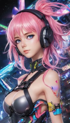 1girl,solo,long hair,breasts,looking at viewer,bangs,blue eyes,cleavage,bare shoulders,medium breasts,closed mouth,upper body,ponytail,pink hair,shiny,lips,eyelashes,tattoo,makeup,headphones,armlet,headset,science fiction,pink lips,nose,armpits,armor,star (sky),space