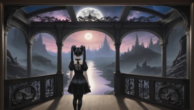 hatsune miku,1girl,solo,long hair,black hair,dress,twintails,standing,short sleeves,pantyhose,sky,choker,puffy sleeves,water,from behind,black dress,puffy short sleeves,black pantyhose,night,moon,star (sky),night sky,scenery,full moon,starry sky,lolita fashion,wooden floor,mountain,gothic lolita,facing away,pillar,castle,tower,church,indoors,architecture,gothic