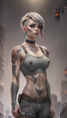 1girl,solo,breasts,looking at viewer,short hair,blonde hair,large breasts,navel,cleavage,bare shoulders,brown eyes,jewelry,medium breasts,standing,collarbone,weapon,white hair,grey hair,cowboy shot,earrings,outdoors,parted lips,choker,midriff,belt,pants,artist name,blurry,lips,crop top,gun,tattoo,makeup,thigh strap,blurry background,black choker,piercing,abs,tank top,lipstick,buckle,toned,asymmetrical hair,realistic,nose,red lips,stud earrings,holster,arm tattoo,shoulder tattoo,undercut,navel piercing,thigh holster,neck tattoo,multicolored hair,collar,covered nipples,freckles,sports bra,arms at sides,brown belt,very short hair,grey pants