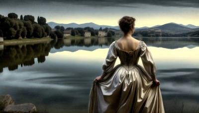 HQ,1girl,solo,short hair,brown hair,long sleeves,dress,standing,outdoors,sky,cloud,water,hair bun,from behind,tree,back,single hair bun,nature,scenery,reflection,mountain,skirt hold,facing away,river,landscape,lake,white dress,corset