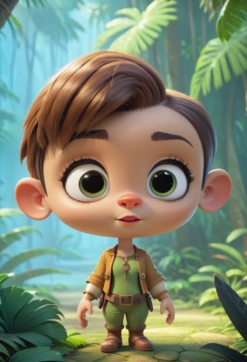 1girl,solo,looking at viewer,short hair,bangs,brown hair,shirt,long sleeves,1boy,green eyes,standing,jacket,full body,male focus,boots,outdoors,parted lips,open clothes,teeth,day,belt,pants,artist name,chibi,blurry,open jacket,tree,lips,blurry background,leaf,brown footwear,plant,nature,forest,freckles,green shirt,leather,smile,open mouth,jewelry,necklace,eyelashes,thick eyebrows,grass,child,brown jacket,wide-eyed