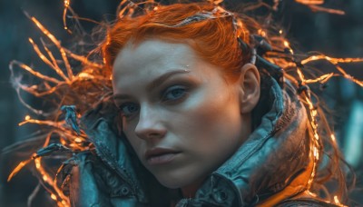 1girl,solo,long hair,looking at viewer,blue eyes,jacket,parted lips,teeth,orange hair,blurry,lips,blurry background,portrait,freckles,science fiction,realistic,nose,gloves,eyelashes,close-up