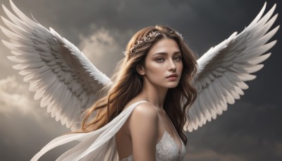 1girl,solo,long hair,breasts,looking at viewer,brown hair,dress,bare shoulders,brown eyes,medium breasts,upper body,flower,parted lips,wings,sky,cloud,white dress,from side,lips,cloudy sky,feathered wings,angel wings,realistic,nose,white wings,angel,head wreath