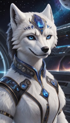 1girl,solo,breasts,looking at viewer,short hair,blue eyes,animal ears,jewelry,closed mouth,upper body,white hair,sky,artist name,signature,no humans,night,animal,scar,moon,brooch,gem,star (sky),night sky,furry,full moon,zipper,starry sky,furry female,space,white fur,planet,whiskers,snout,blue gemstone,red gemstone,smile,teeth,necklace,wolf