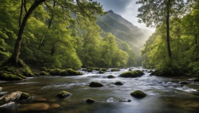 outdoors,sky,day,cloud,water,tree,no humans,sunlight,nature,scenery,forest,rock,mountain,river,waterfall,landscape,stream,blue sky,cloudy sky,grass,light rays