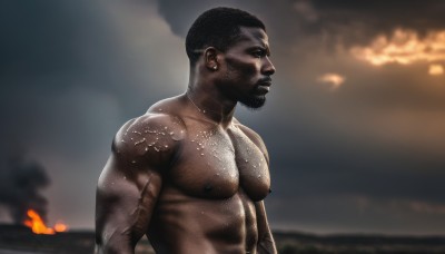 solo,short hair,black hair,1boy,closed mouth,nipples,upper body,male focus,nude,outdoors,sky,cloud,dark skin,blurry,from side,completely nude,muscular,blurry background,facial hair,abs,dark-skinned male,thick eyebrows,cloudy sky,fire,pectorals,muscular male,bara,beard,large pectorals,topless male,sideburns,mature male,realistic,very short hair,manly,chest hair,hairy,buzz cut,jewelry,earrings