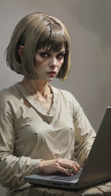 1girl,solo,breasts,looking at viewer,short hair,bangs,simple background,brown hair,shirt,long sleeves,brown eyes,sitting,collarbone,white shirt,upper body,small breasts,parted lips,grey background,nail polish,lips,fingernails,blood,makeup,bob cut,lipstick,blood on face,realistic,nose,red lips,computer,blood on clothes,laptop,closed mouth,black eyes,expressionless,red nails,injury,dirty