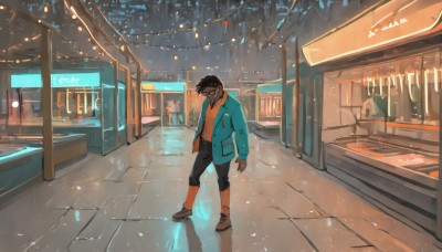 1girl,solo,looking at viewer,smile,short hair,bangs,brown hair,shirt,black hair,long sleeves,1boy,standing,jacket,outdoors,open clothes,shoes,glasses,socks,pants,open jacket,night,brown footwear,black pants,blue jacket,ground vehicle,building,scenery,reflection,city,wide shot,orange shirt,orange jacket,train,orange footwear,train station,male focus,mask