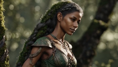 1girl,solo,long hair,breasts,black hair,cleavage,jewelry,medium breasts,upper body,braid,dark skin,necklace,armor,blurry,dark-skinned female,tree,lips,depth of field,blurry background,facial mark,plant,nature,armlet,realistic,nose,facepaint,tribal,earrings,outdoors,day,sunlight,green dress,head wreath,dappled sunlight,wreath