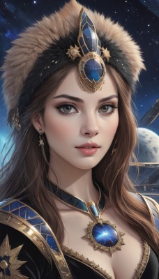 1girl,solo,long hair,breasts,looking at viewer,smile,brown hair,cleavage,brown eyes,jewelry,medium breasts,closed mouth,collarbone,upper body,earrings,sky,choker,artist name,signature,necklace,star (symbol),lips,eyelashes,makeup,night,gem,portrait,star (sky),night sky,starry sky,freckles,realistic,nose,headdress,space,planet,blue gemstone,parted lips,fur trim,moon,full moon