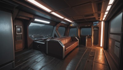 indoors,no humans,window,ground vehicle,scenery,couch,rain,wooden floor,door,train station,seat,science fiction,realistic,light,cable,space,spacecraft