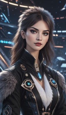 1girl,solo,long hair,breasts,looking at viewer,brown hair,brown eyes,jewelry,medium breasts,jacket,upper body,earrings,parted lips,blurry,lips,coat,black jacket,fur trim,makeup,blurry background,freckles,realistic,nose,red lips,bangs,black hair,parted bangs,eyelashes,piercing,thick eyebrows,gem,eyeshadow,backlighting