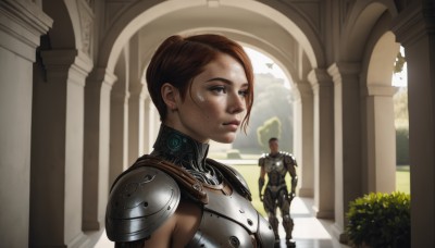 1girl,solo,short hair,blue eyes,brown hair,1boy,jewelry,earrings,armor,lips,bird,shoulder armor,freckles,pauldrons,breastplate,realistic,dirty,pillar,statue,arch,blonde hair,upper body,sunlight,plant,nose