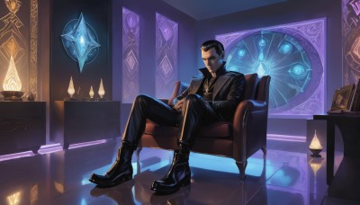 solo,looking at viewer,short hair,shirt,black hair,long sleeves,1boy,jewelry,sitting,closed mouth,jacket,full body,male focus,boots,pants,indoors,necklace,black footwear,black jacket,book,black shirt,glowing,facial hair,chair,black pants,couch,reflection,candle,magic circle,hair slicked back,armchair,gloves,formal,crossed legs,clock,throne,reflective floor