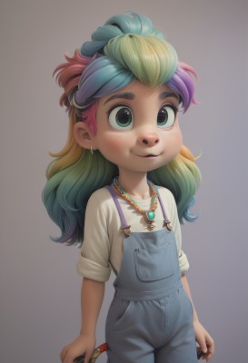 1girl,solo,long hair,smile,blonde hair,simple background,shirt,holding,jewelry,green eyes,blue hair,standing,white shirt,pink hair,multicolored hair,cowboy shot,green hair,grey background,necklace,flat chest,two-tone hair,gradient hair,child,sleeves rolled up,freckles,female child,overalls,blue overalls,rainbow hair,looking at viewer,blush,purple hair,earrings,artist name,gradient,gradient background,thick eyebrows