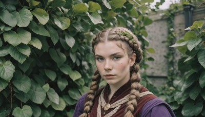 1girl,solo,long hair,looking at viewer,blue eyes,blonde hair,brown hair,hair ornament,jewelry,closed mouth,upper body,braid,outdoors,day,mole,blurry,twin braids,lips,grey eyes,mole under eye,depth of field,blurry background,leaf,plant,portrait,hair over shoulder,freckles,realistic,nose,multiple braids,signature,ivy