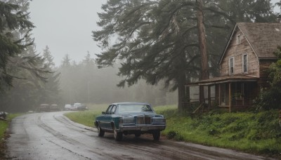 outdoors,sky,day,tree,no humans,window,grass,ground vehicle,building,nature,scenery,motor vehicle,forest,car,road,bush,house,vehicle focus,truck