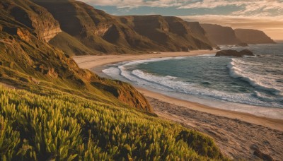 outdoors,sky,day,cloud,water,tree,no humans,traditional media,cloudy sky,grass,nature,scenery,sunset,mountain,horizon,field,river,landscape,mountainous horizon,lake,ocean,beach,rock,sand,waves,shore