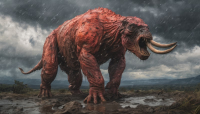 solo, open mouth, tail, outdoors, sky, teeth, cloud, no humans, fangs, cloudy sky, sharp teeth, claws, rain, monster, realistic, kaijuu