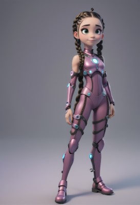 1girl,solo,long hair,breasts,looking at viewer,smile,simple background,brown hair,black hair,bare shoulders,twintails,very long hair,green eyes,standing,full body,braid,small breasts,detached sleeves,grey background,armor,twin braids,flat chest,lips,bodysuit,shadow,child,forehead,arms at sides,female child,purple bodysuit,pink bodysuit,closed mouth,boots,gradient,gradient background,ass visible through thighs,thick eyebrows,pink footwear,pink sleeves