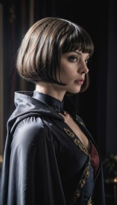 1girl,solo,breasts,looking at viewer,short hair,bangs,brown hair,black hair,cleavage,brown eyes,closed mouth,upper body,small breasts,choker,blunt bangs,cape,blurry,black eyes,from side,lips,makeup,depth of field,blurry background,bob cut,cloak,pink lips,realistic,nose,medium breasts,looking to the side