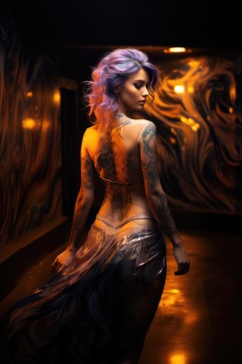 1girl,solo,long hair,skirt,dress,bare shoulders,jewelry,closed eyes,purple hair,ass,looking back,from behind,nail polish,lips,tattoo,makeup,back,topless,lipstick,long skirt,back tattoo,short hair,blue eyes,pink hair,earrings,realistic