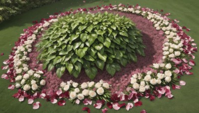 flower,outdoors,day,tree,petals,no humans,rose,leaf,grass,plant,white flower,nature,scenery,bush,white rose,still life,from above,red flower,pink flower,red rose,green theme,rose petals