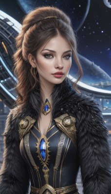 1girl,solo,long hair,breasts,looking at viewer,brown hair,dress,cleavage,brown eyes,jewelry,medium breasts,closed mouth,upper body,ponytail,earrings,belt,signature,necklace,lips,fur trim,makeup,high ponytail,lipstick,brooch,gem,star (sky),freckles,realistic,nose,red lips,space,planet,earth (planet),green eyes,artist name,forehead,eyeshadow,fur collar,architecture